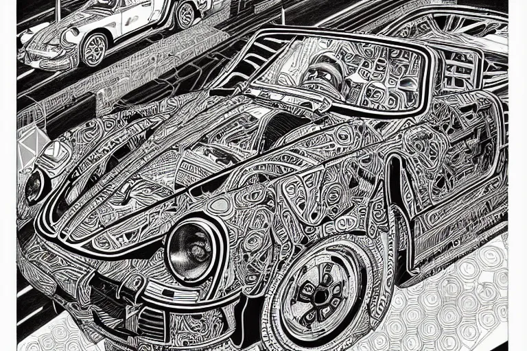 Image similar to a black and white drawing of a porsche 9 1 1 reimagined by singer, a detailed mixed media collage by hiroki tsukuda and eduardo paolozzi and moebius, intricate linework, sketchbook psychedelic doodle comic drawing, geometric, street art, polycount, deconstructivism, matte drawing, academic art, constructivism