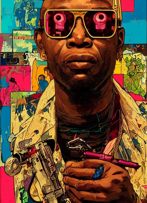 Image similar to chidi igwe. cyberpunk mercenary portrait illustration, pop art, splash painting, art by geof darrow, ashley wood, alphonse mucha, makoto shinkai