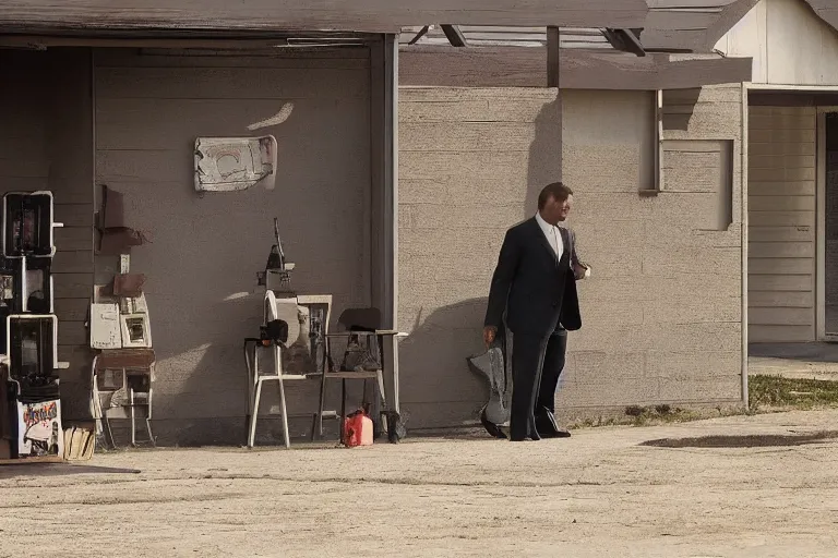 Image similar to cinematography of man in suit selling guns at little cardboard stand in residential neighborhood by Emmanuel Lubezki