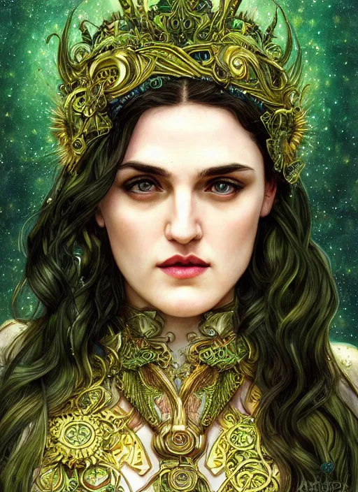 Prompt: Katie Mcgrath as a celtic Goddess, beautiful detailed eyes, cute, fantasy, intricate, elegant, highly detailed, digital painting, 4k, HDR, concept art, detailed jewellery, smooth, sharp focus, illustration, art by Artgerm, H R Giger and Alphonse Mucha, green and gold