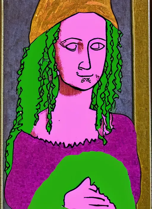 Prompt: pink rock Mona Lisa with a green Mohawk and piercings and face tattoos