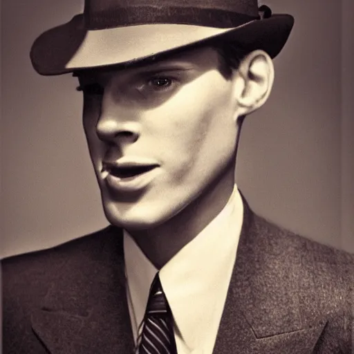 Image similar to A photograph portrait of Jerma985 wearing a suit with and fedora in the 1940s, taken in the early 1940s, grainy, taken on a 940s Kodak Camera, realistic, hyperrealistic, very realistic, highly detailed, very detailed, extremely detailed, detailed, digital art, trending on artstation