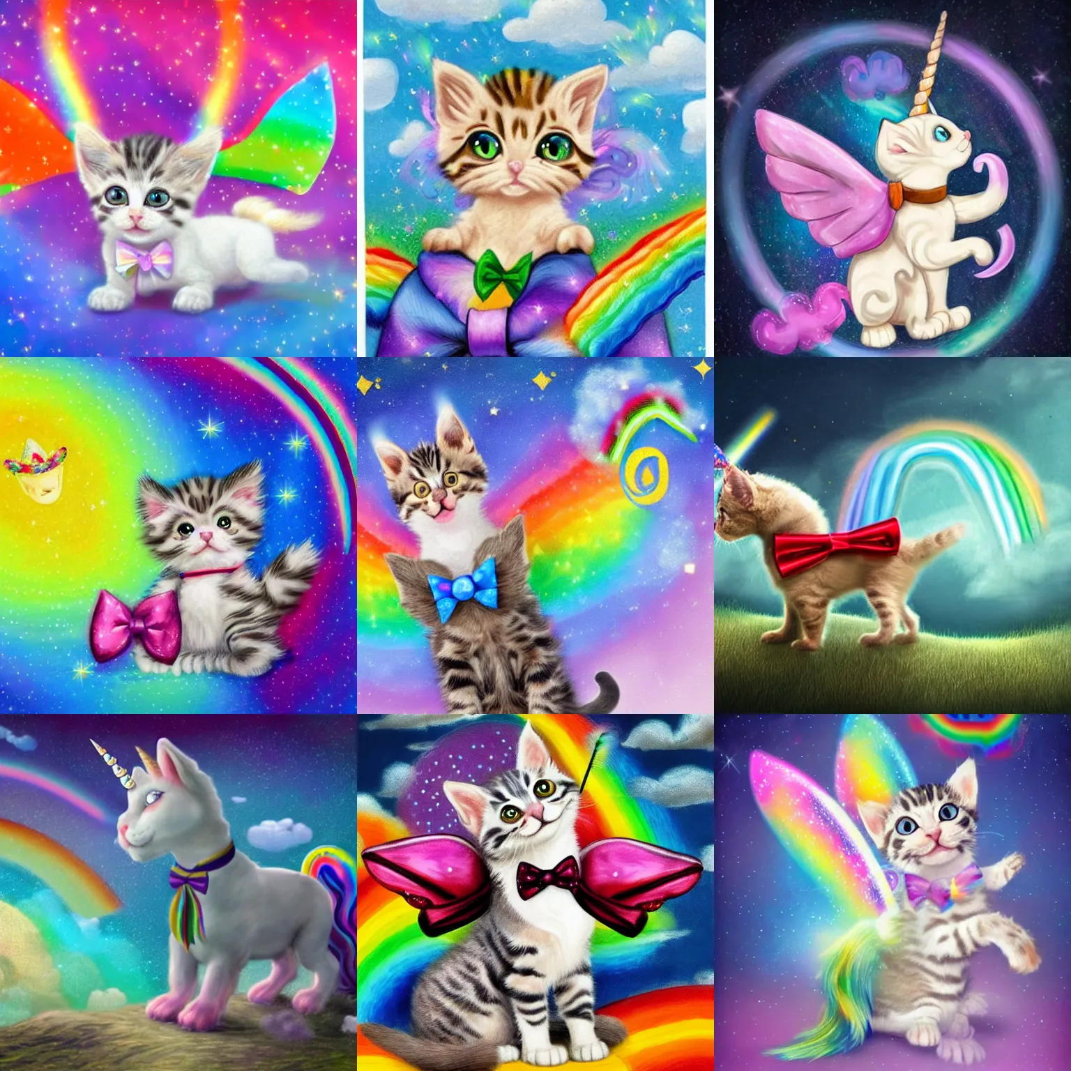 Prompt: a fuzzy kitten with a bow tie riding a unicorn that has translucent glitter wings and who is farting out a rainbow across the sky, fantasy art