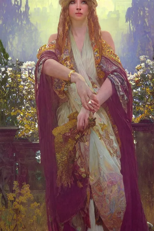 Image similar to hyperrealist portrait of a girl emperorit is decorated with long robes that fall like stars, an ostentatious palace and garden are seen in the background. by jeremy mann and alphonse mucha, fantasy art, photo realistic, dynamic lighting, artstation, poster, volumetric lighting, very detailed faces, 4 k, award winning