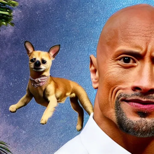 Image similar to photo of dwayne johnson riding a giant chihuaha, highly - detailed, sharp focus, award - winning