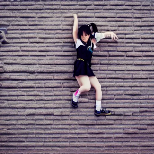 Prompt: anime girl climbing a wall