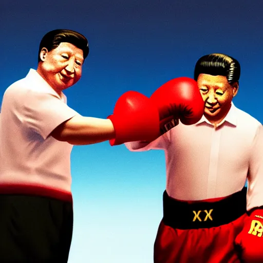 Image similar to Trump and Xi Jinping slapping each other like woman in a boxing ring, highly detailed, hyperrealistic, photograph, 4k