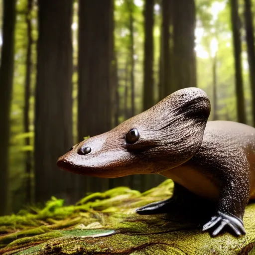 Image similar to detailed photograph of a platypus wearin ga fedora in a forest, national geographic, realistic, cinematic lighting, 8 k, cute, adorable, fedora