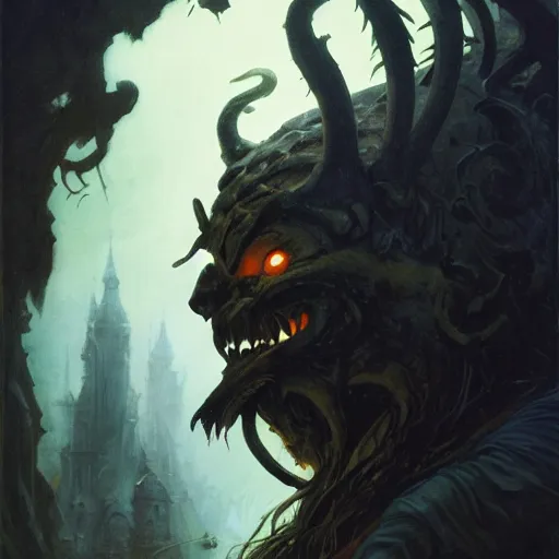 Image similar to head and shoulders portrait of a rakshasa, d & d, fantasy, greg rutkowski, frank frazetta, alexandre chaudret, boris vallejo, michael whelan, miro petrov, hr giger, magali villeneuve, donato giancola