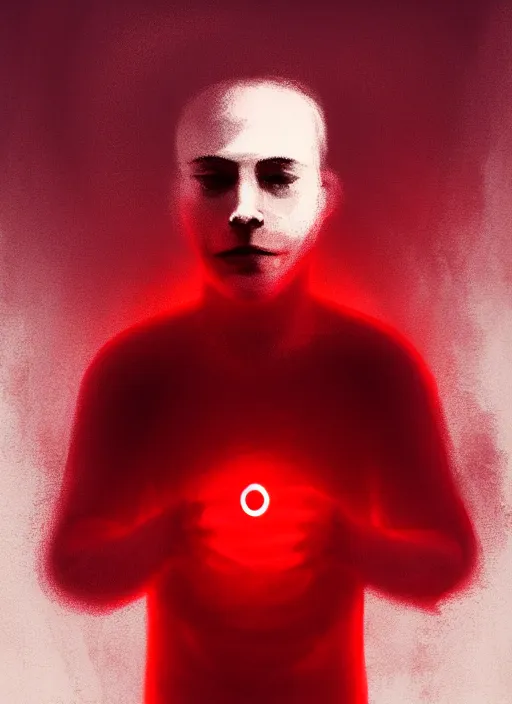 Image similar to portrait of a man drifting in a void, his body wasting away while he's accompanied only by a red led, hauntingly beautiful illustration, digital art, trending on artstation