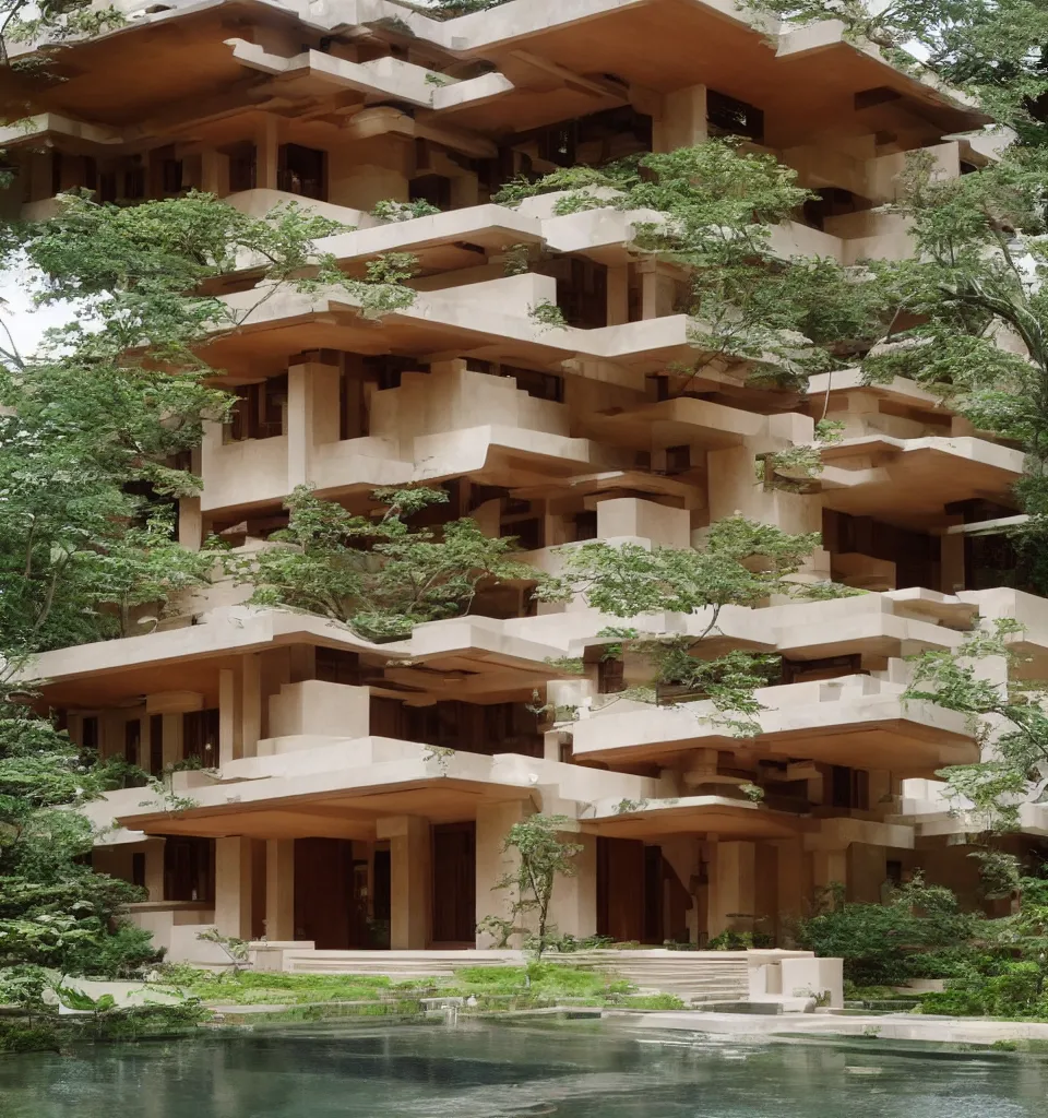 Image similar to a flowing villa with architectural design ， by frank lloyd wright ， trending ，