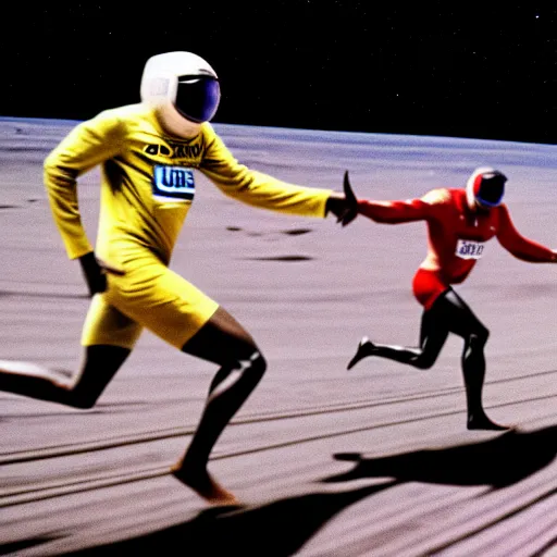 Image similar to usain bolt racing against an astronaut on the moon, kodachrome film