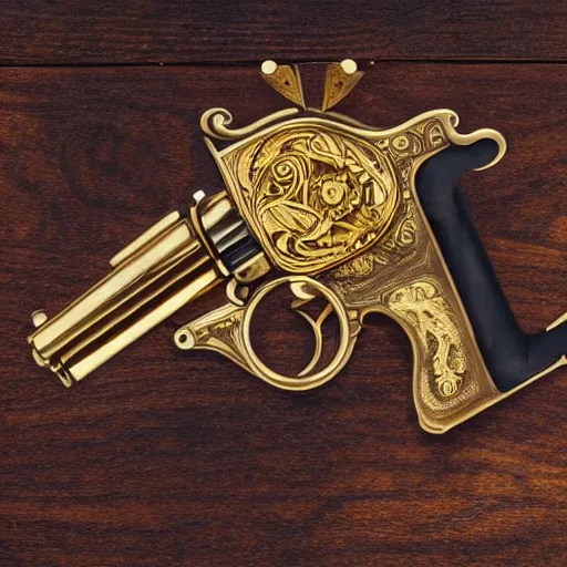 Image similar to golden revolver with engravings laying on a wooden table, high detail, complex