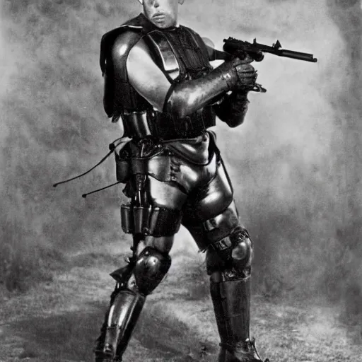 Prompt: old black and white photo, 1 9 1 3, depicting bruce willis in combat armor with guns, historical record, tentacles around