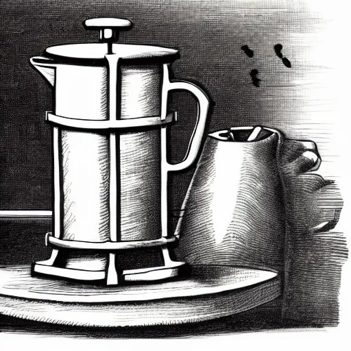 Image similar to coffee french press hand drawn ink on paper, high detail, denoised