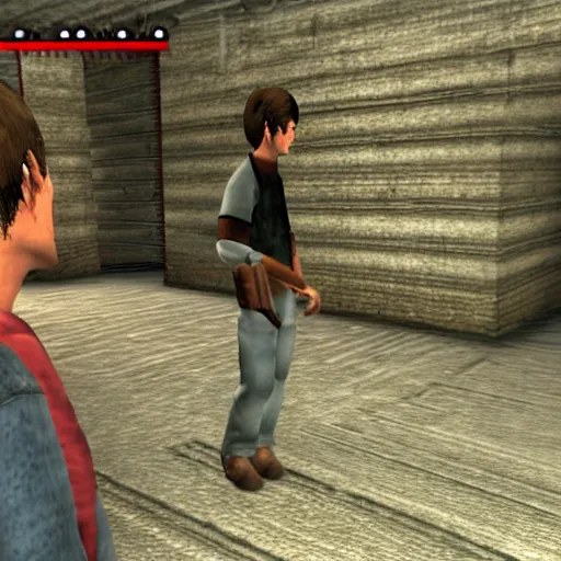 Image similar to game screenshot of Ted Kaczynski inside Ico, ps2 graphics