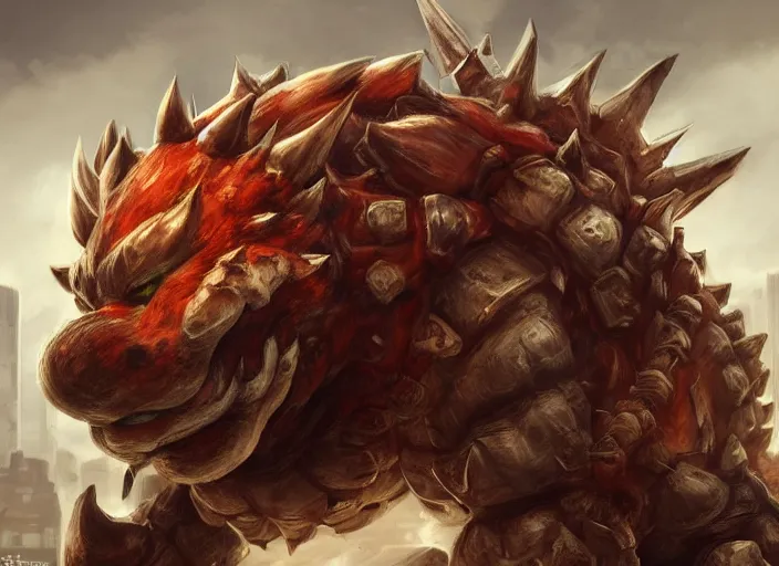 Image similar to detailed concept art of a huge giant bowser by cheng yi and luolin, aartstation, artstationhd, detailed scales, spiky collar and red hair, bowser, bowser nintendo, koopa, ~ bowser # bowser ( ( mario ) ) bcy. net, realistic. cheng yi