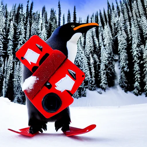 Image similar to ultrawide angle photograph of a snowboarding penguin, extremely detailed, the penguin has ruffled feathers, the snowboard he is standing on is bright red and carved, the snowboard has a tribal print, 8 k