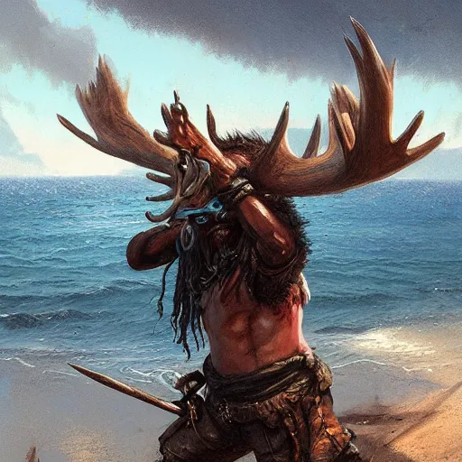 Prompt: anthropomorphic moose pirate humanoid by greg rutkowski, pirate ship, sea, fantasy