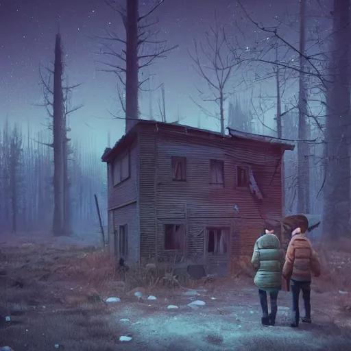 Image similar to two lovers leave each other inside wooden broken house by simon stålenhag, very highly detailed, award winning, rendered by Beeple, by Makoto Shinkai, syd meade, starwars, space art concept, digital art, unreal engine, blender, WLOP, trending on artstation, 4K UHD image, octane render