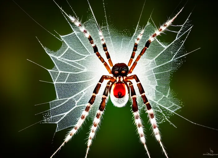 Image similar to ( white crystal - clear spider ) with ( huge red eyes ), in a ( foggy glowing forest ). highly detailed 8 k. intricate. lifelike. soft light. fantasy horror style. cinematic post - processing, dof.