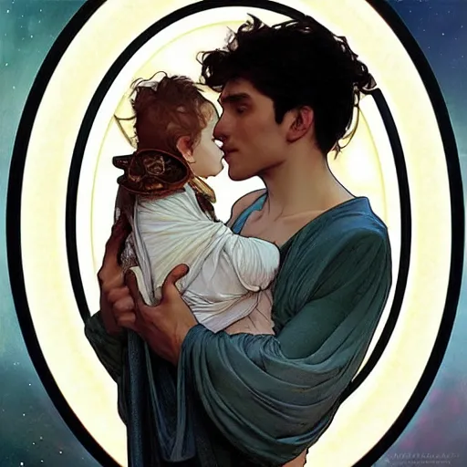 Prompt: great father of the family, his starry cloak, hugging his beautiful wife, and little glowing baby in her arms. beautiful painting by artgerm and greg rutkowski and alphonse mucha