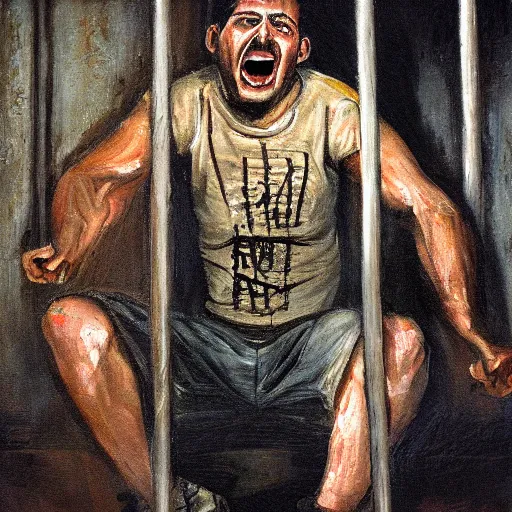Prompt: a screaming prisoner holding prison bars, realism old painting, oil painting