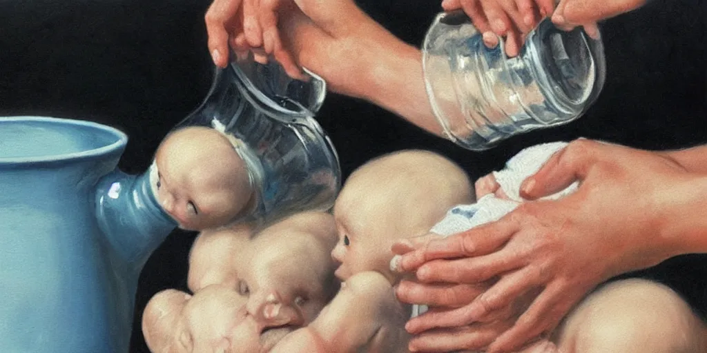 Image similar to Close up of delicate hands washing a baby in a white water jug. Painting by Alex Colville H 768