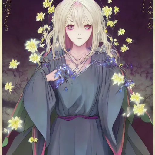 Image similar to portrait of lady avalon the mage of flowers chanting a beautiful spells, anime fantasy illustration by tomoyuki yamasaki, kyoto studio, madhouse, ufotable, square enix, cinematic lighting, trending on artstation