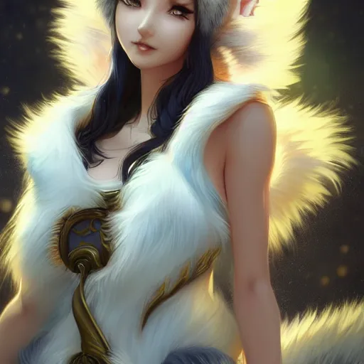 Image similar to Ahri League of Legends with fox fur ears, highly detailed, digital painting, artstation, concept art, smooth, sharp focus, illustration, ArtStation, art by artgerm and greg rutkowski and alphonse mucha and Edmund Blair Leighton and Charlie Bowater