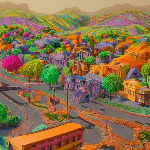 Prompt: small town made entirely of multi - colored play - doh, extreme realism, extremely detailed digital painting, highly detailed, abstract, 1 9 2 0's colored pencil art style, deep aesthetic, 8 k, highly ornate intricate details, cinematic lighting, rich colors, digital artwork, ray tracing, hyperrealistic, photorealistic, cinematic landscape, trending on artstation, concept art,