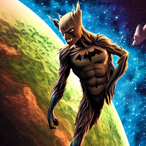 Image similar to batman meets groot in space digital art 4 k detailed super realistic