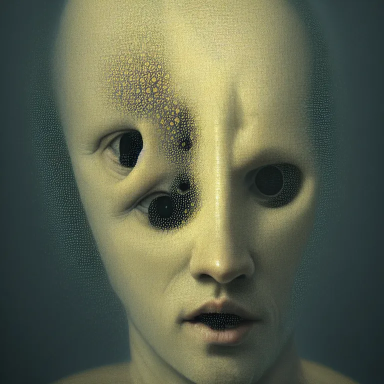 Image similar to symmetrical portrait of beautiful faceless man covered with holes by hieronymus bosch, trypophobia, lucid dream - like heavy atmosphere, baroque painting, perfect composition, detailed octane render trending on artstation, 8 k artistic photography, volumetric cinematic perfect light, chiaroscuro, masterpiece, raphael, caravaggio, beksinski, rutkowski