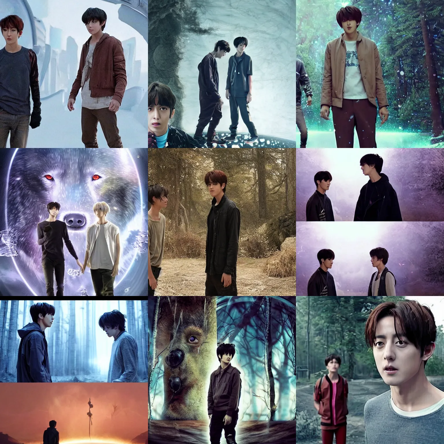 Prompt: scene from a 2010s science fiction film about a man named Seokjin entering a portal to another world+ that is inhabited by human animal hybrids+ he first meets a cute boy named Jungkook who is half human & half wolf+ CGSOCIETY + directed by Luc Besson +