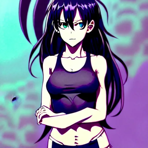 Prompt: style of madhouse studio anime, black lagoon manga, loish, artgerm, comic art, portrait of revy from black lagoon, symmetrical eyes and symmetrical face, jean shorts, white tank top, purple hair, sarcastic evil smirk on face, sky and ocean background