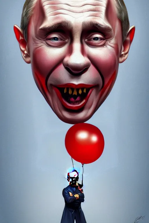 Image similar to vladimir putin as a stupid clown, realistic portrait, symmetrical, highly detailed, digital painting, artstation, concept art, smooth, sharp focus, illustration, cinematic lighting, art by artgerm and greg rutkowski and alphonse mucha