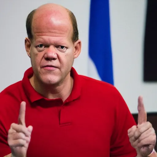 Prompt: olaf scholz has a big red head with thick veins showing from exhaustion