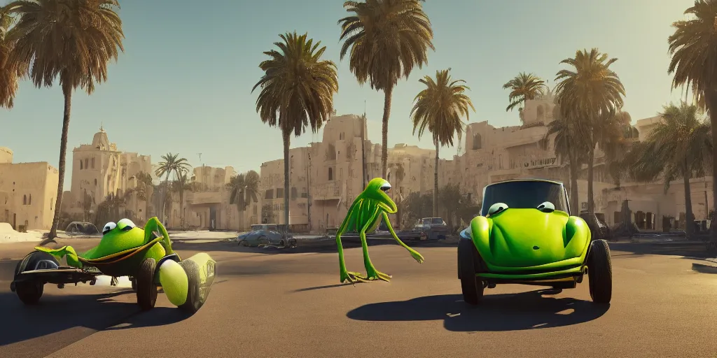 Image similar to kermit driving a car, wlop, moroccan city, mosque, palm trees, cinematic lighting, hyperdetailed, 8 k realistic, symmetrical, global illumination, radiant light,, frostbite 3 engine, cryengine, dof, trending on artstation, digital art, chanel