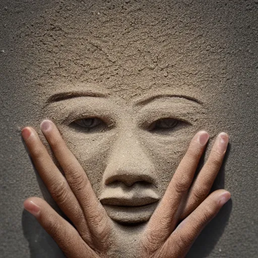 Image similar to a hand holding a face made of sand vanishing, photorrealistic, 8 k