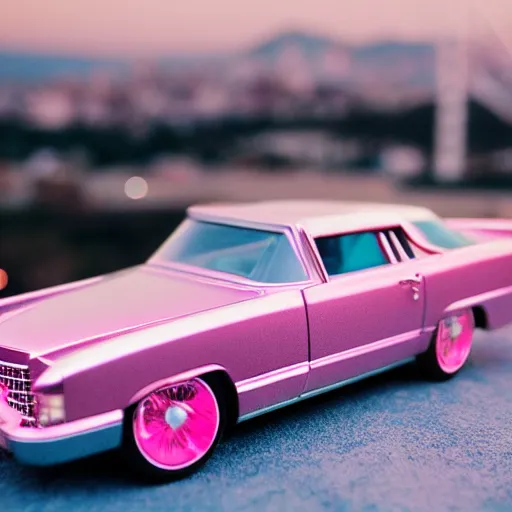 Prompt: 3 5 mm photo of metallic pink cadillac like hot wheels model with san francisco as background, epic cinematic, epic lighting