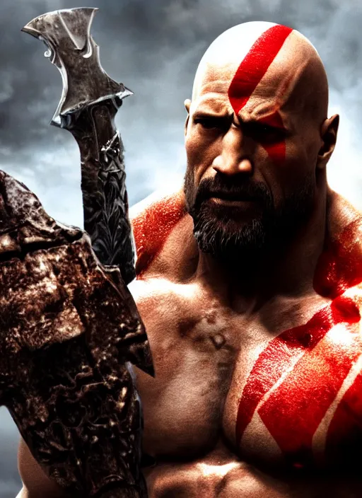 Image similar to film still, a highly detailed beautiful closeup photo of dwayne johnson kratos hybrid god of war holding a sword and fighting zombies on a pile of human skulls, spartan warrior, olympian god, muscular!,, action pose, ambient lighting, volumetric lighting, octane, fantasy