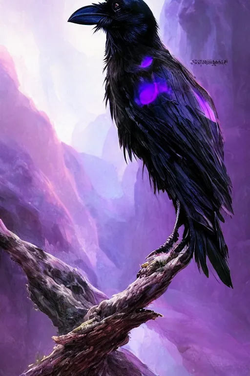 Image similar to portrait of a beautiful one raven perched on purple crystals that are glowing in a misty valley, establishing shot, extremly high detail, foto realistic, cinematic lighting, by yoshitaka amano, ruan jia, kentaro miura, artgerm, post processed, concept art, artstation, raphael lacoste, alex ross