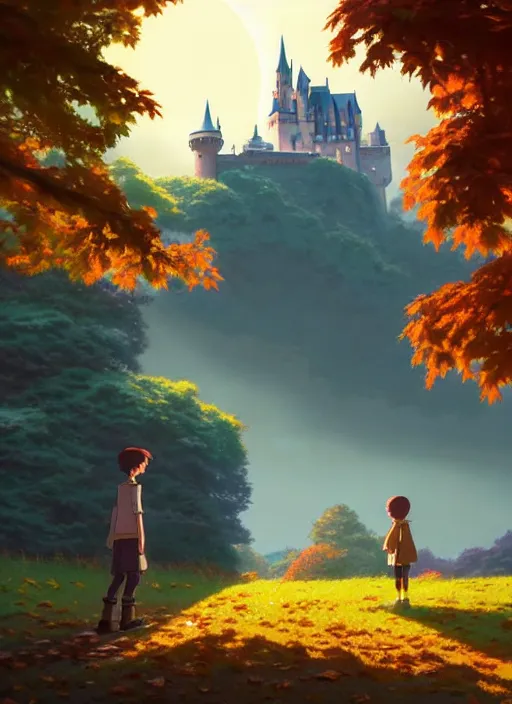 Image similar to a wholesome animation key shot, castle in the background, autumn foliage in the foreground, studio ghibli, pixar and disney animation, sharp, rendered in unreal engine 5, anime key art by greg rutkowski, bloom, dramatic lighting