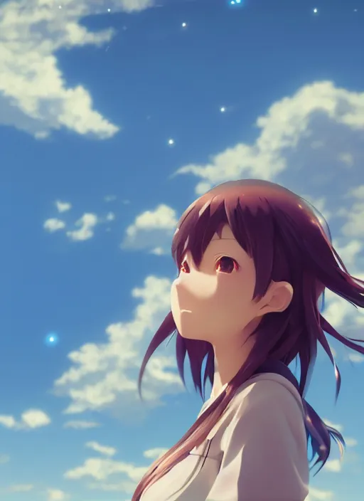 Image similar to A anime girl with a sky background, rendered by Makoto Shinkai, syd meade, environment concept, digital art, unreal engine, WLOP, trending on artstation, low level, 4K UHD image, octane render