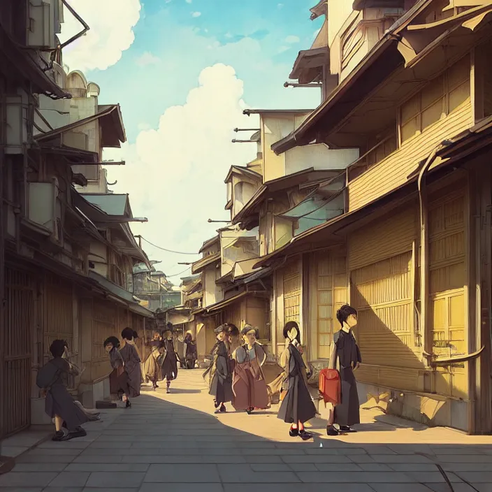 Image similar to empty tokyo neighborhood, spring, in the style of studio ghibli, j. c. leyendecker, greg rutkowski, artem