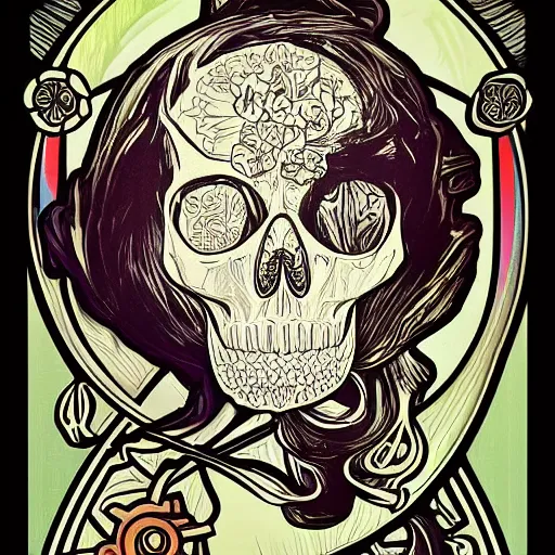 Image similar to ape portrait skull skeleton dreaming in the style of Alphonse Mucha illustration pop art