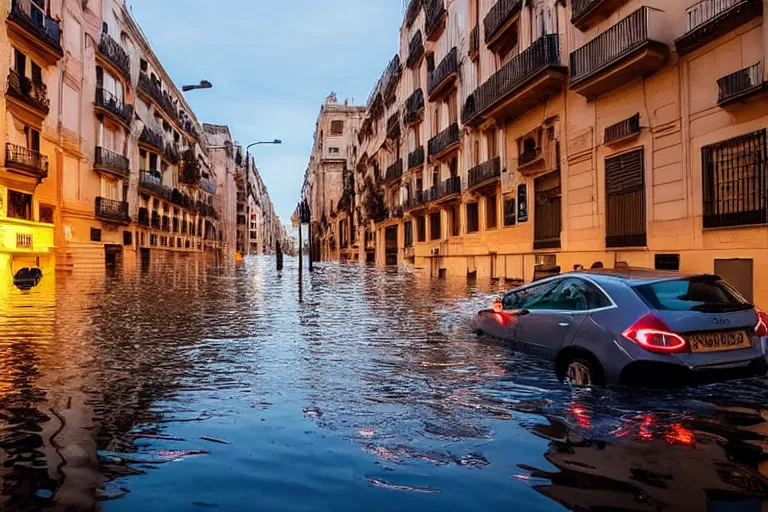 Image similar to views of catastrophic barcelona streets covered with high water, global warming, floating cars, sunset lighting, photo real