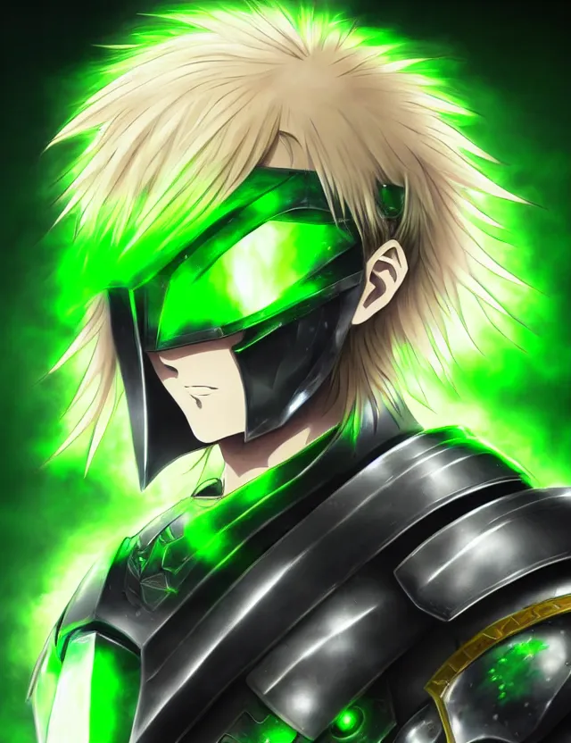 Image similar to an anime portrait of a blonde man with glowing green eyes in green plate armour glowing with green energy, trending on artstation, digital art, 4 k resolution, detailed, high quality, sharp focus, hq artwork, coherent, insane detail