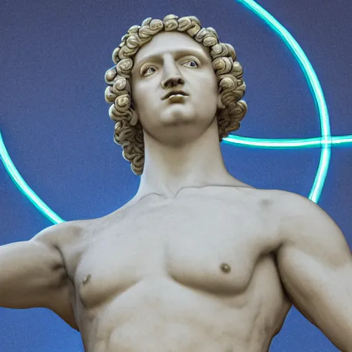 Prompt: a renaissance statue surrounded by a 3 d neon ring, 3 d render, black background, ray tracing, 8 k resolution, sharp focus, hyper detailed, hyper realistic