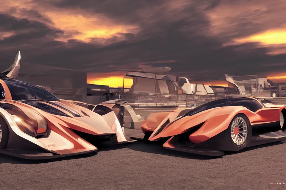 Image similar to Futuristic Hover Car Le Mans Races In Italy Circa Year 10,0000, Hover Vehicles Designed by Syd Mead and Pininfarina, beautiful sunset, photorealistic, hyperrealistic, octane render, HDR, IG Studios Anime Style